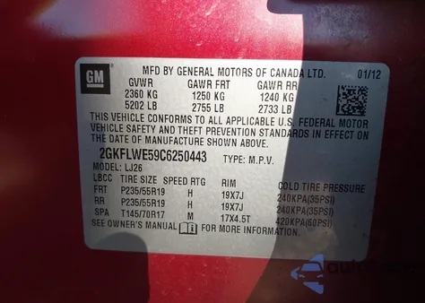 2012 GMC Terrain Slt-2 from USA, damaged, VIN 2GKFLWE59C6250443